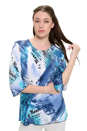 019- Jostar Shades of Blue Happy Newspaper Print Top