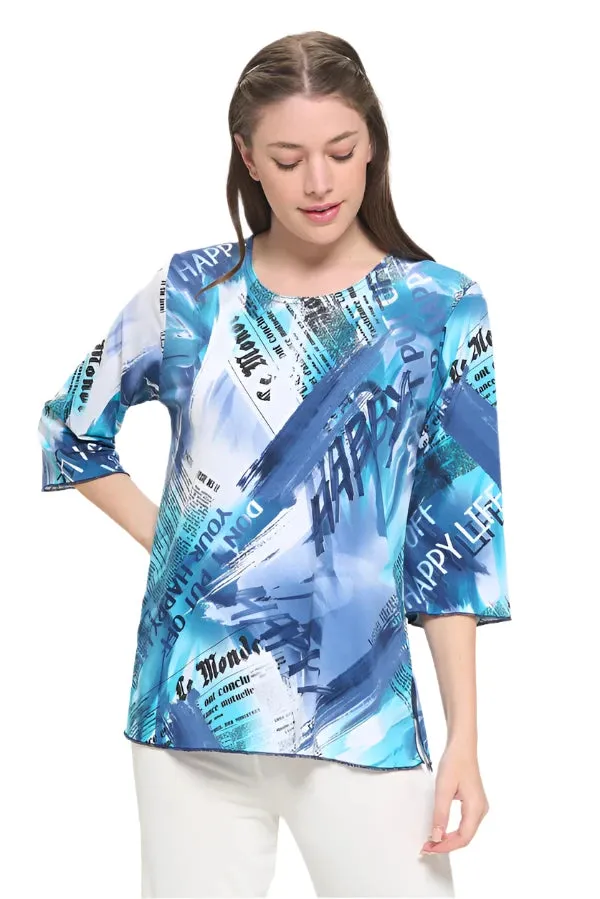 019- Jostar Shades of Blue Happy Newspaper Print Top