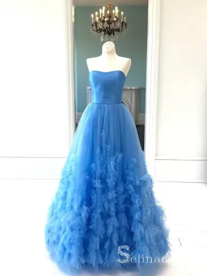 A-line Blue Vintage Long Prom Dresses Simple Strapless Evening Gowns Formal Dresses SED030