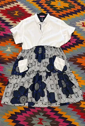 Ankara Shirt Short Dress - White Shirt with navy & white skirt