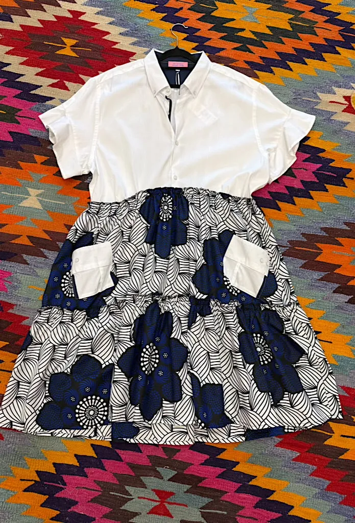 Ankara Shirt Short Dress - White Shirt with navy & white skirt