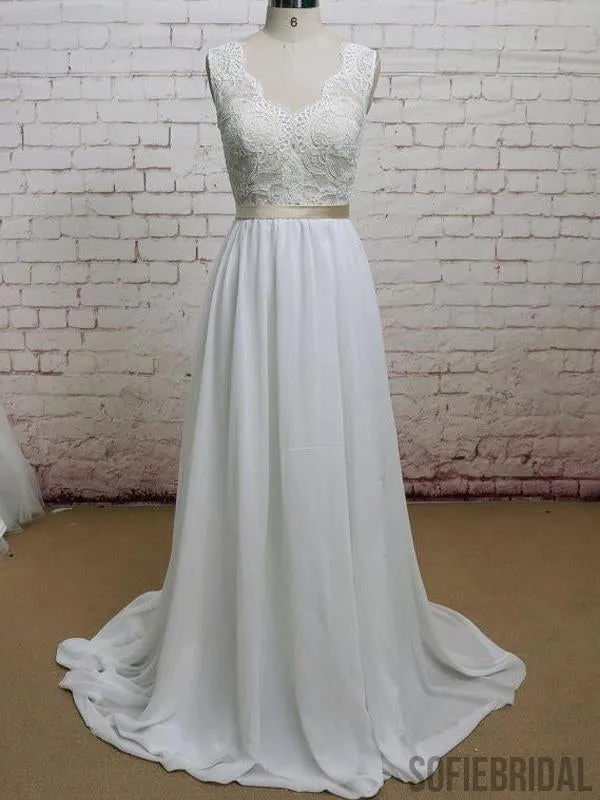 Backless V Neck Cap Sleeve Lace Simple Cheap Beach Wedding Dresses, WD323