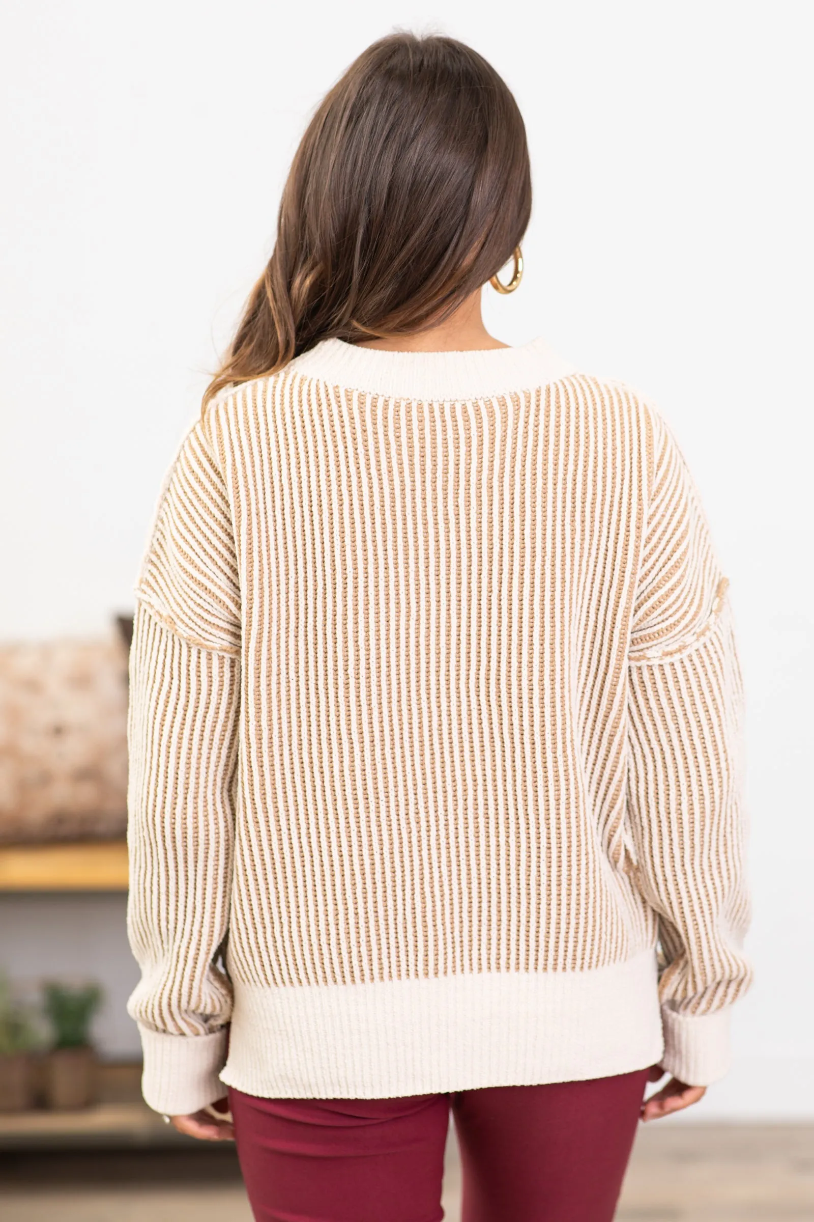 Beige Ribbed Drop Shoulder Sweater