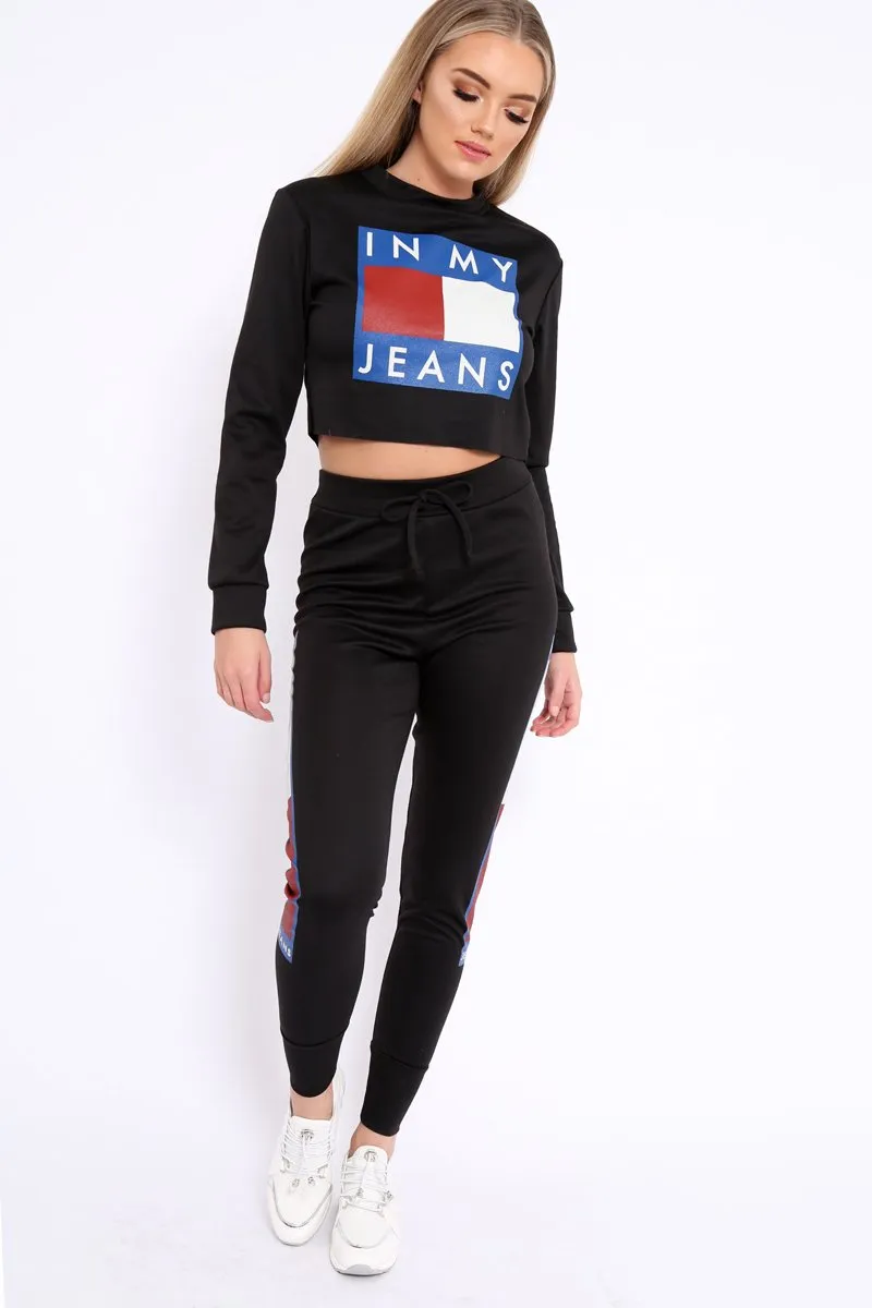 Black In My Jeans Cropped Top Loungewear Set - Yarely