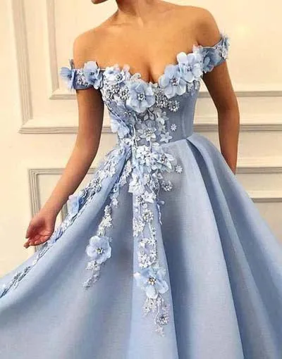 Blue Satin A-line Off-the-shoulder Lace Sweetheart 3D Flowers Prom Dresses, SP427