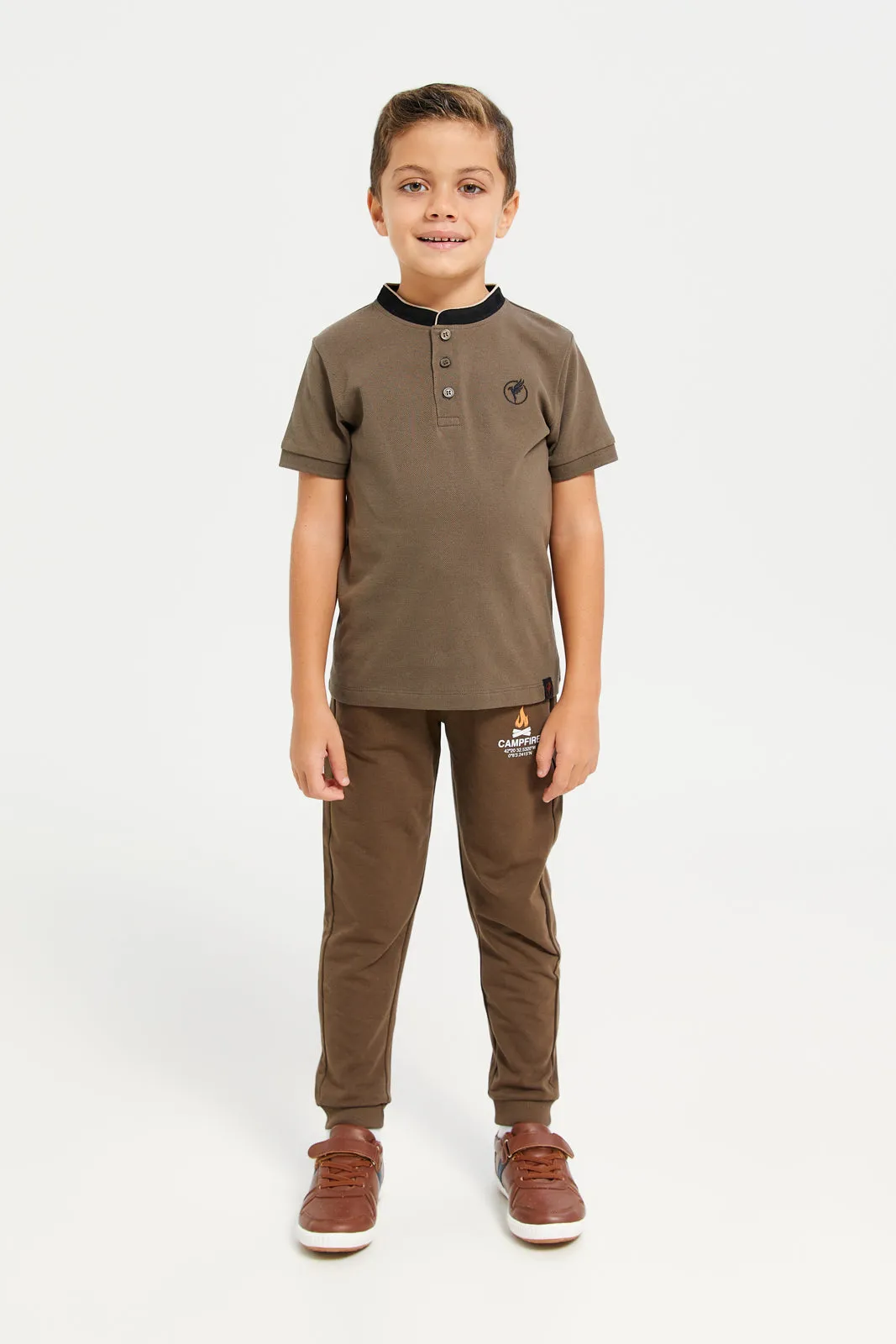 Boys Brown Stretch Printed Track Pant