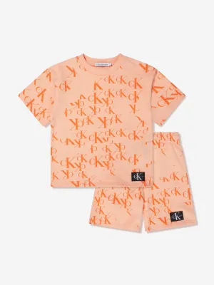 Calvin Klein Kids Monogram Shorts Set in Peach