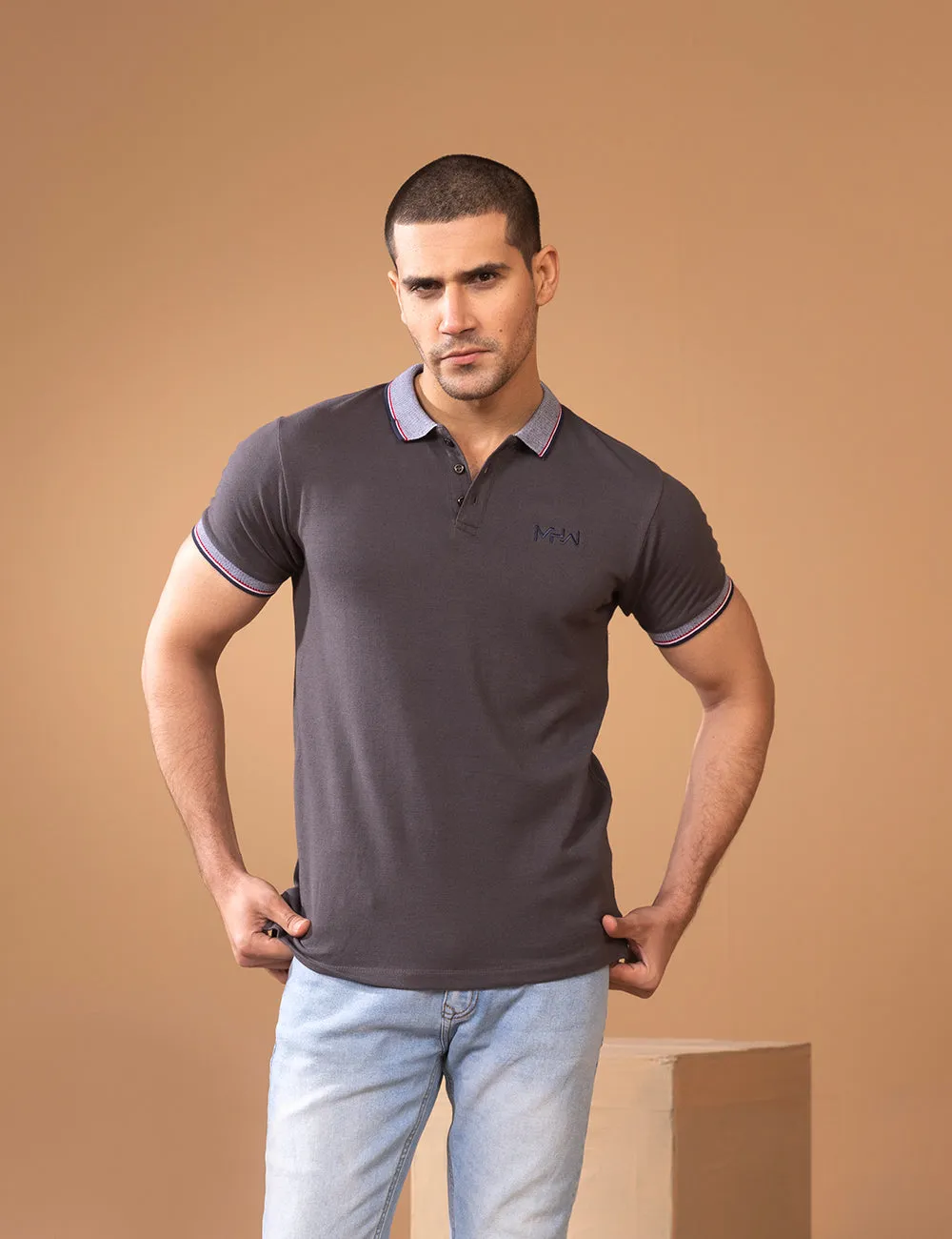 Charcoal Grey Polo Shirt with Tipped Collar