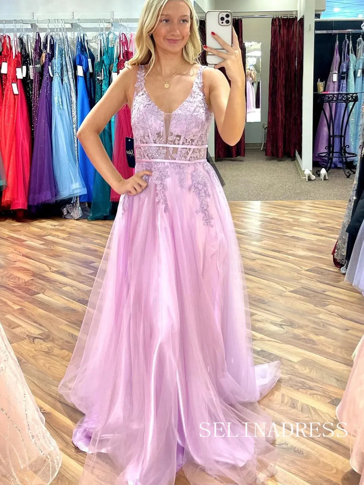 Charming A Line V neck Lavender Tulle Lace Prom Dress lpk535