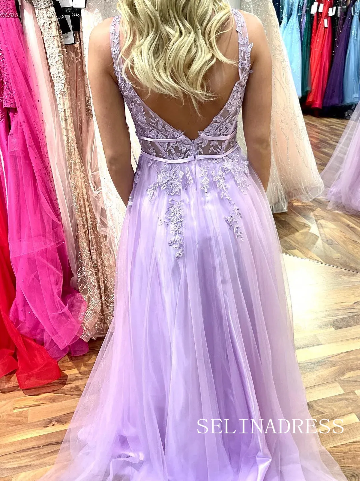 Charming A Line V neck Lavender Tulle Lace Prom Dress lpk535