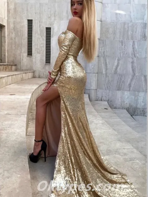 Charming Sequin Off Shoulder V-Neck Long Sleeve Side Slit Mermaid Long Prom Dresses,PDS0392