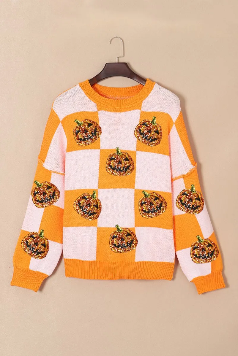 Checkered Orange Plaid Sequined Halloween Pumpkins Sweater