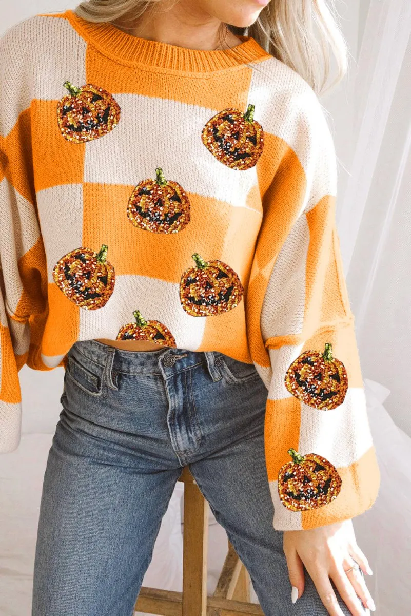 Checkered Orange Plaid Sequined Halloween Pumpkins Sweater