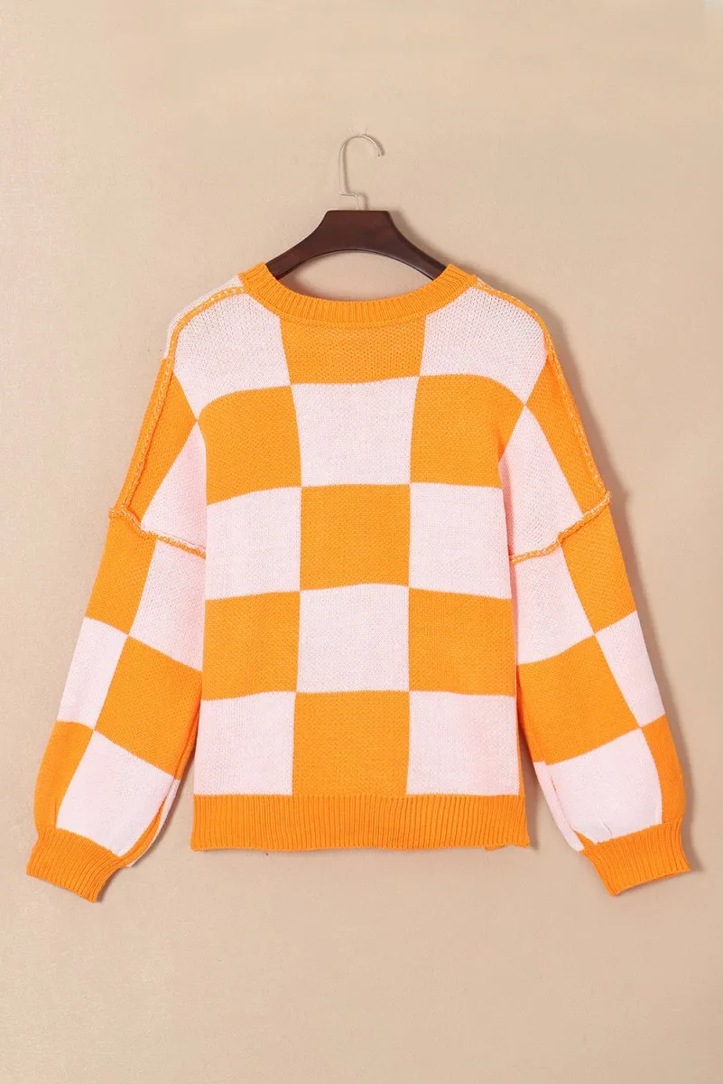 Checkered Orange Plaid Sequined Halloween Pumpkins Sweater