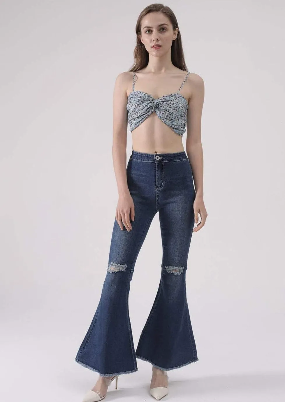 Distressed High Waist Classic Denim Bell Bottom Jeans