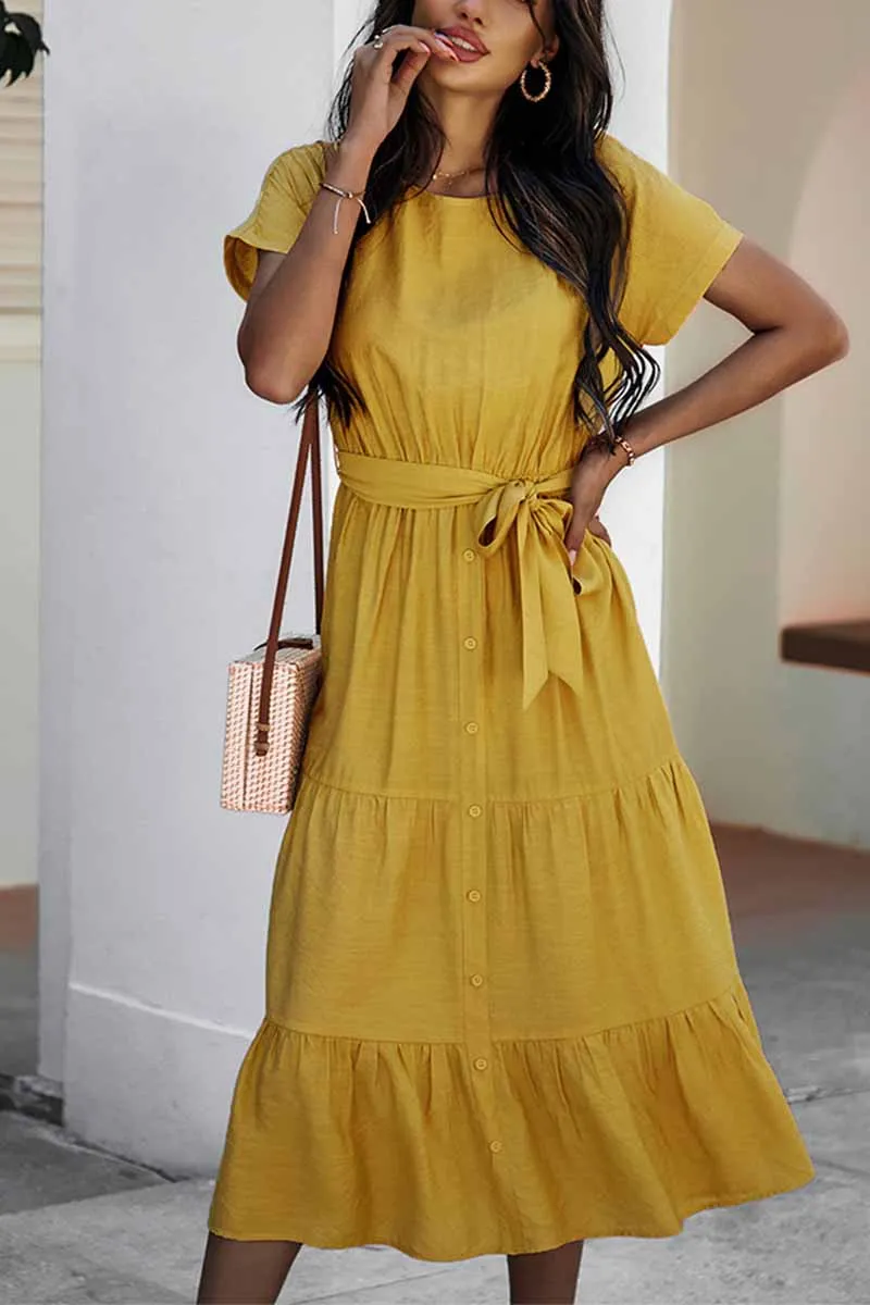 Dunnmall Pure Color Simple Restraint Waist Midi Dress