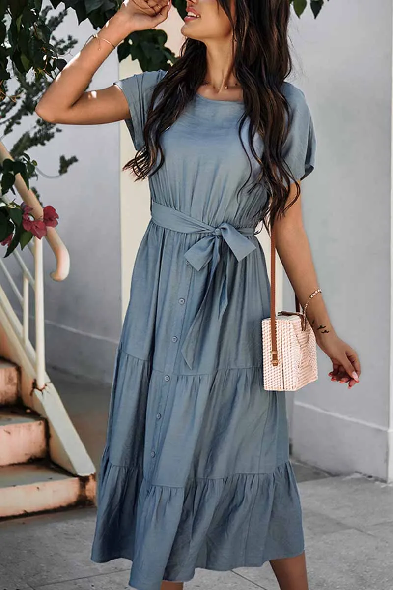 Dunnmall Pure Color Simple Restraint Waist Midi Dress