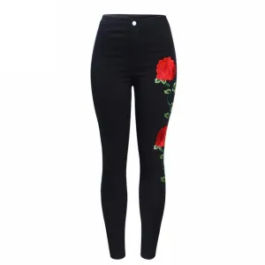 Embroidered Floral High Waist Slim Fit Jeans