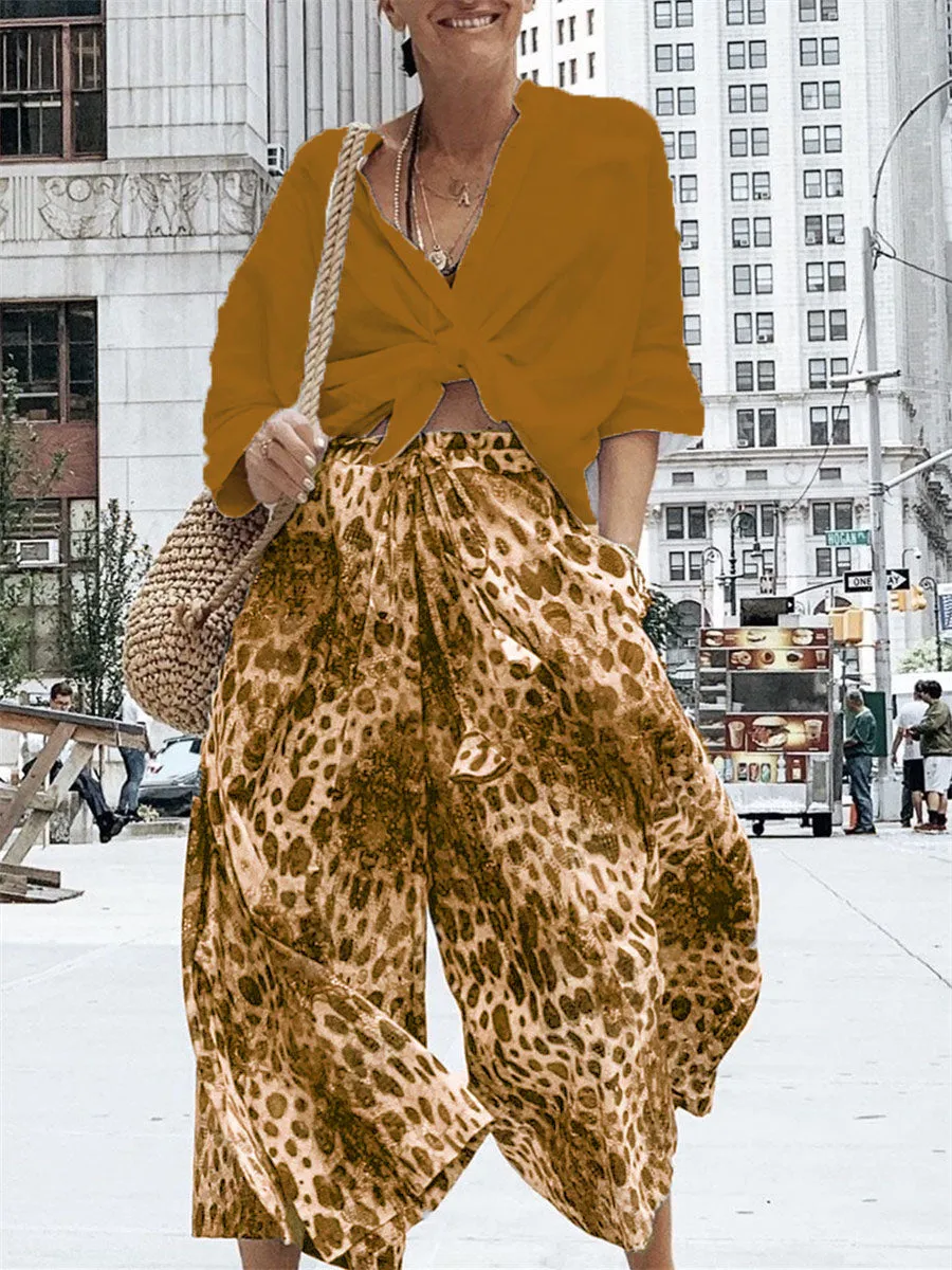 Fashionable Retro Casual Loose Shirt Tops Leopard Print Suit