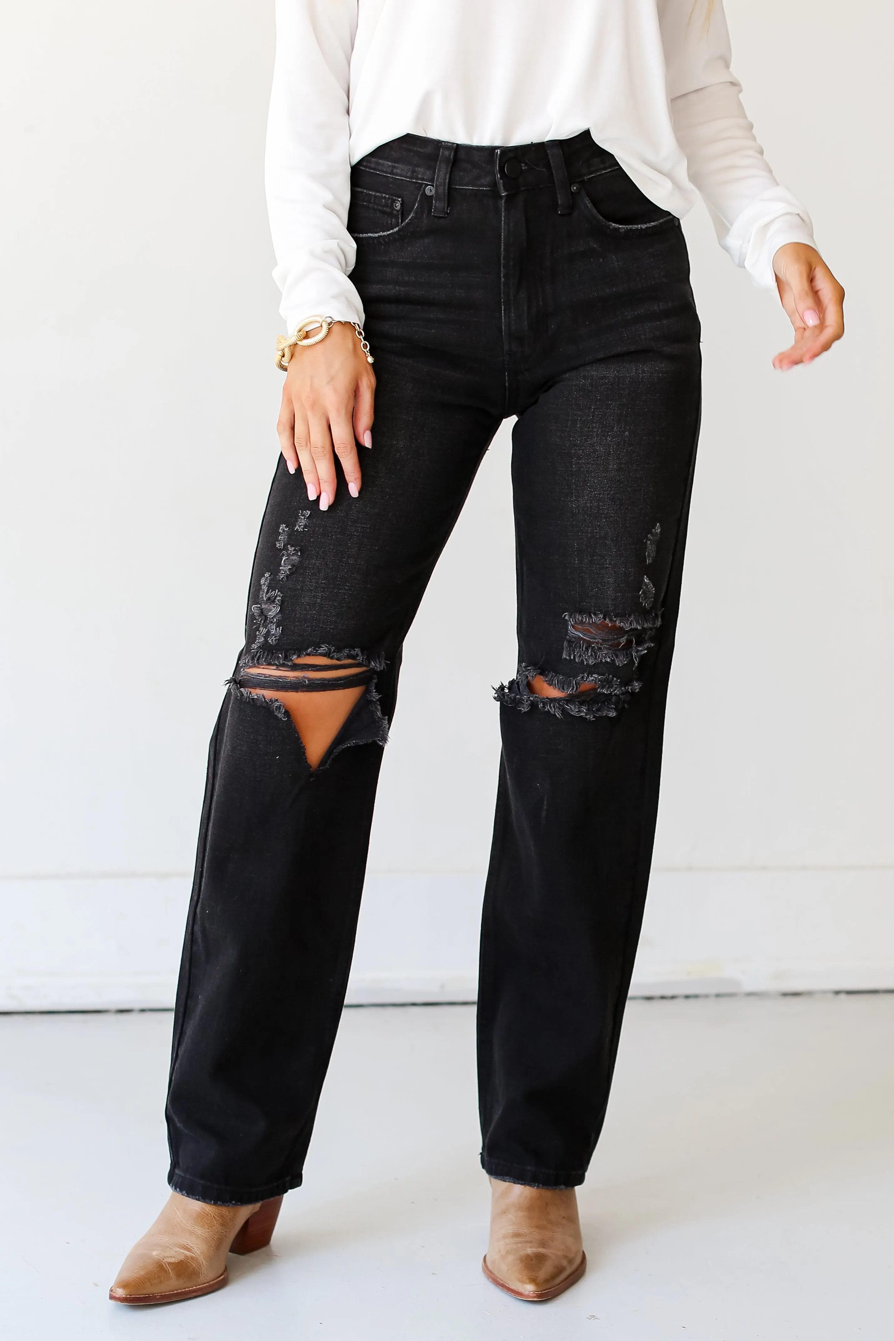 FINAL SALE - Extra Trendy Black Distressed Dad Jeans