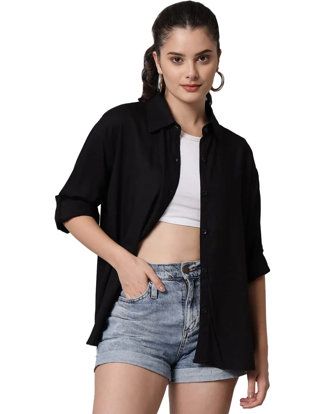 FUNDAY FASHION Women Boxy Fit Solid Casual Shirt (Large, Black)