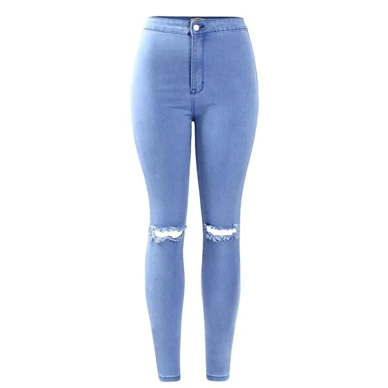 High Waist Stretch Ripped Knees Distressed Skinny Pants