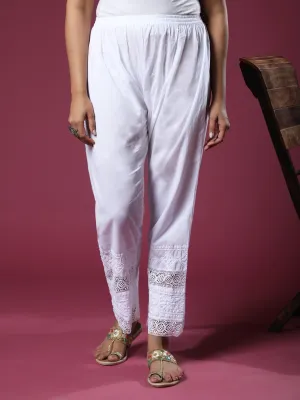 House Of Kari Chikankari Embroidered Cotton White Relaxed Pants Trousers-8