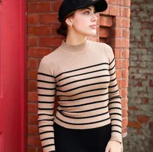 Khaki Fitted Mock Neck Striped Ribbed Top