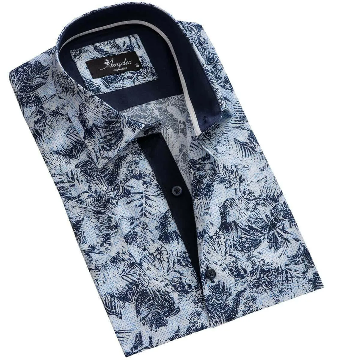 Light Blue Floral Paisley Mens Short Sleeve Button up Shirts -