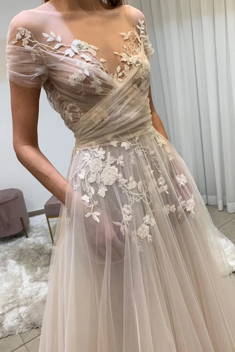 Light champagne tulle lace long prom dress, lace evening dress KS4480