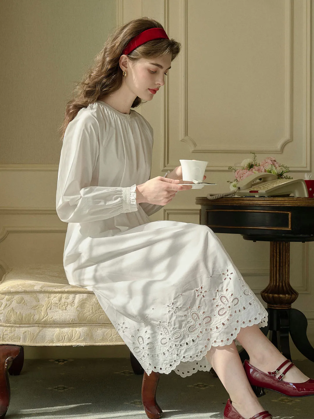 Lilly Round Neck Hem Hollow Embroidered Cotton Dress