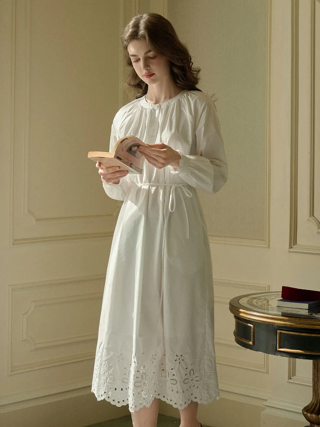 Lilly Round Neck Hem Hollow Embroidered Cotton Dress