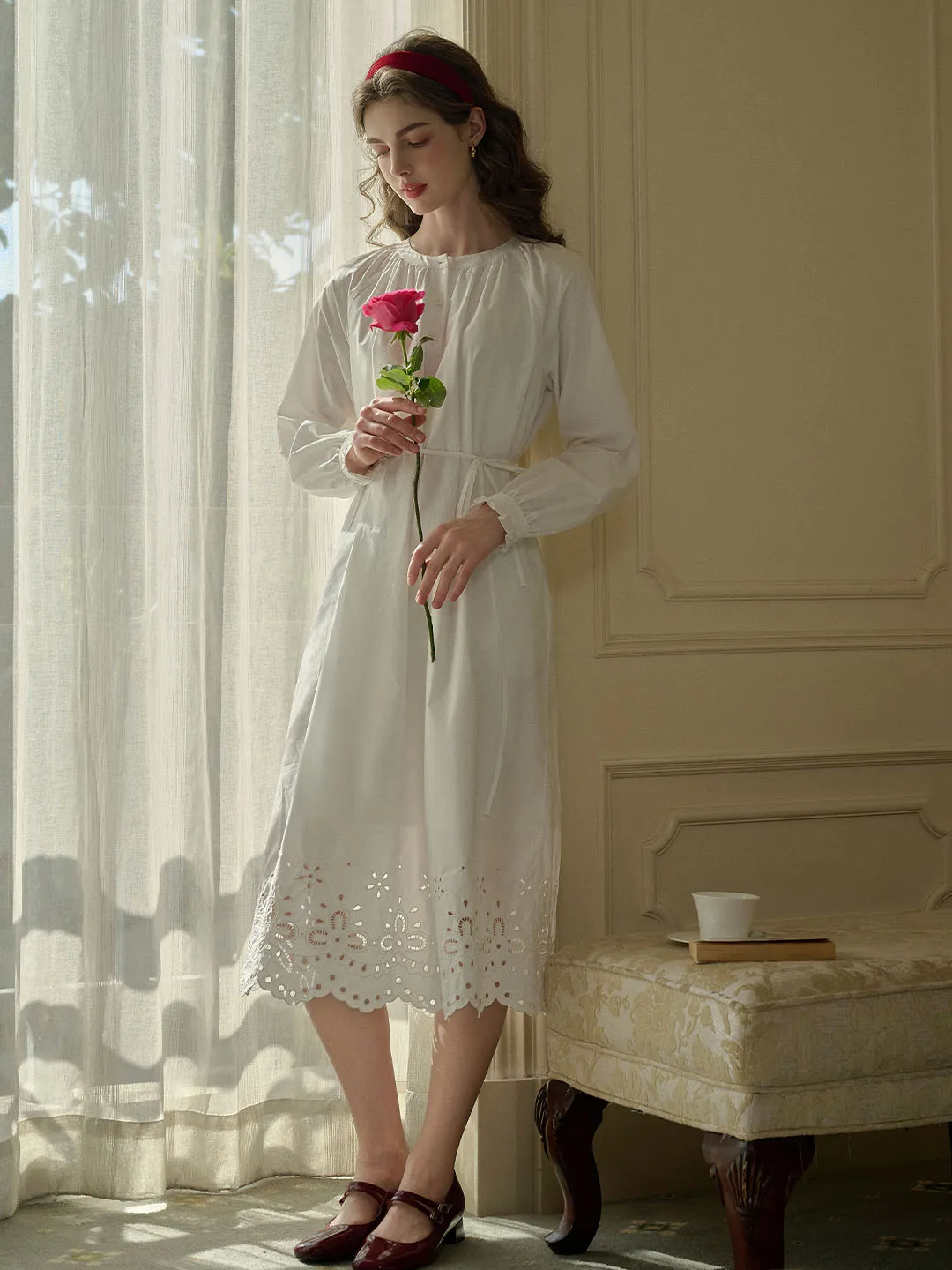 Lilly Round Neck Hem Hollow Embroidered Cotton Dress