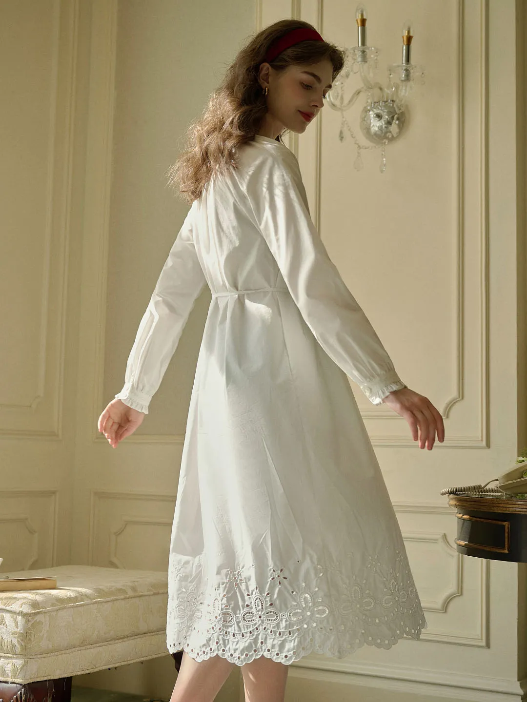 Lilly Round Neck Hem Hollow Embroidered Cotton Dress