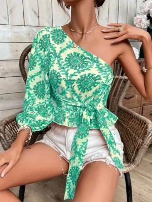 Long Fashionable Sleeve Elegant Printed Sexy Bandage One-shoulder Top