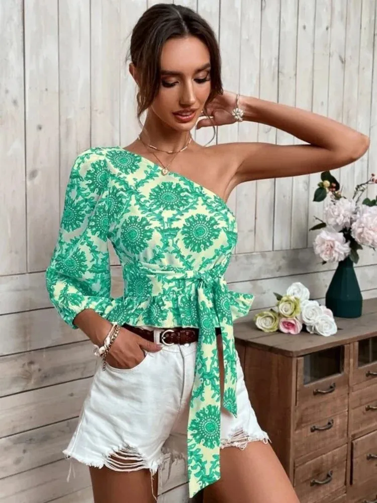 Long Fashionable Sleeve Elegant Printed Sexy Bandage One-shoulder Top