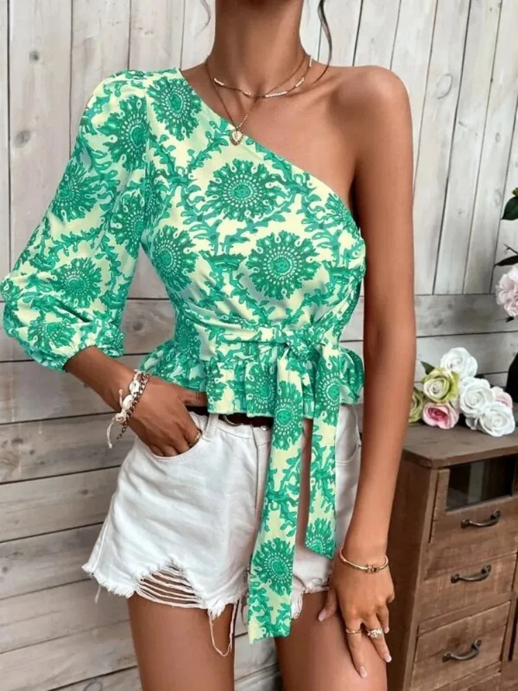 Long Fashionable Sleeve Elegant Printed Sexy Bandage One-shoulder Top