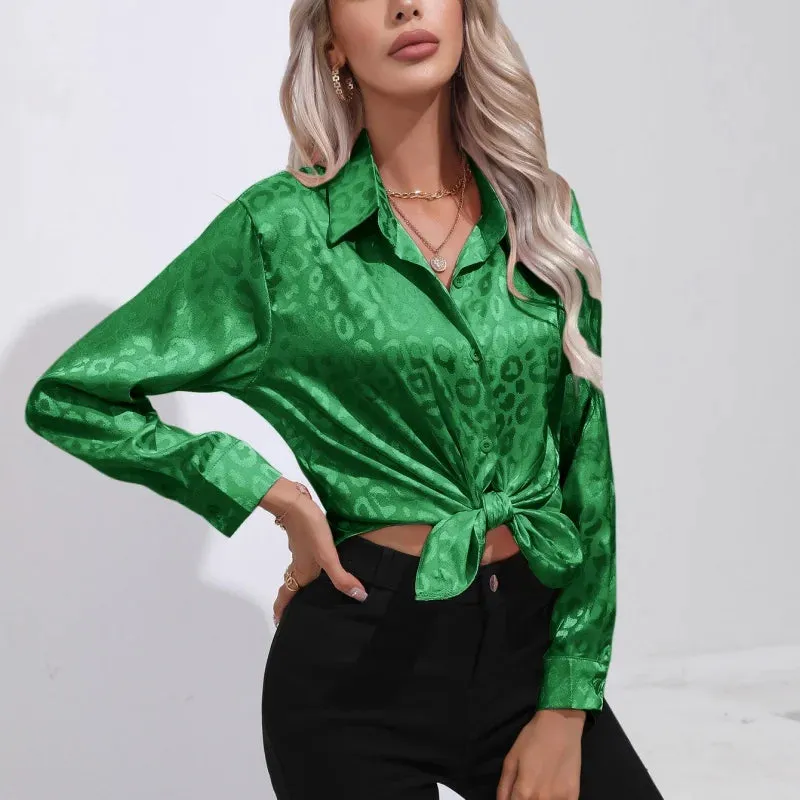 Long Lady Print Fashionable Office Loose Sleeve Spring Casual Elegant Leopard Satin Top