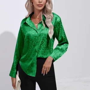 Long Lady Print Fashionable Office Loose Sleeve Spring Casual Elegant Leopard Satin Top