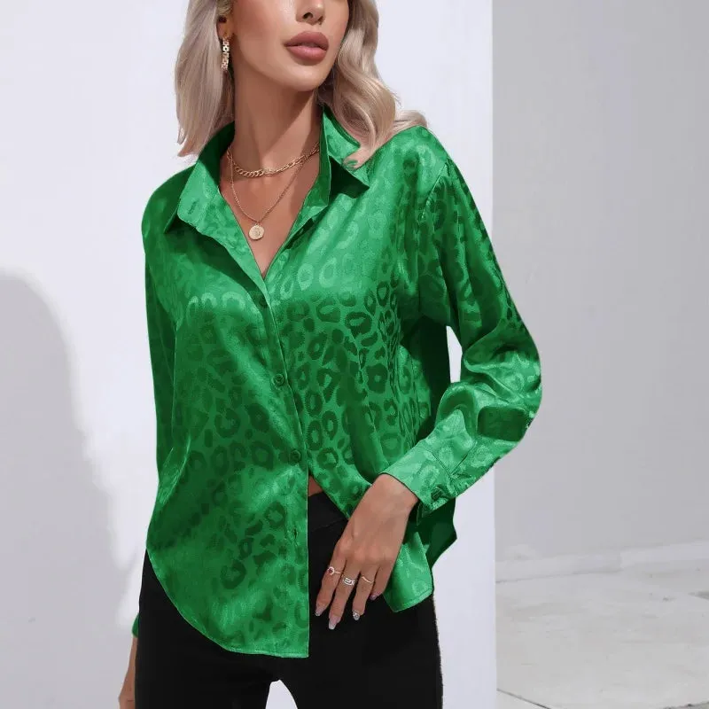 Long Lady Print Fashionable Office Loose Sleeve Spring Casual Elegant Leopard Satin Top