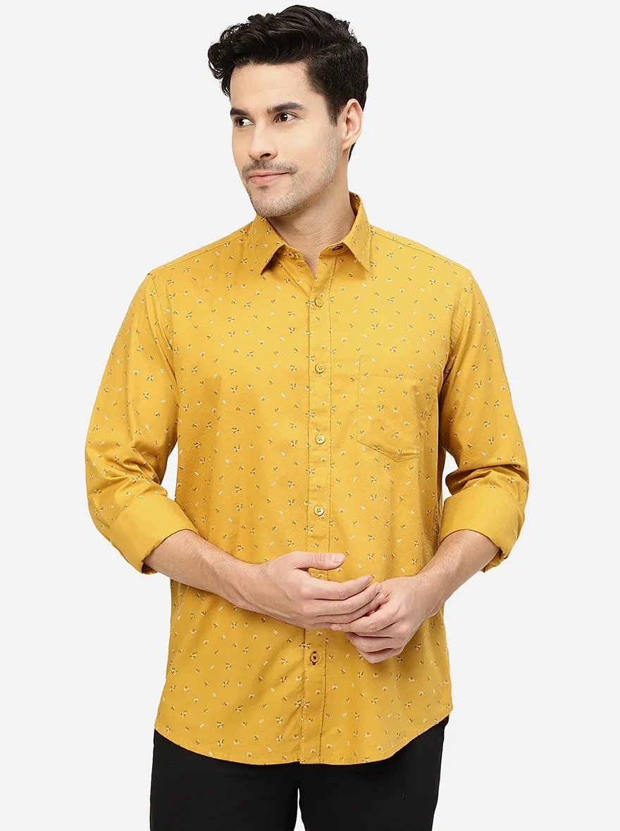 Mustard Yellow Printed Smart Fit Semi Casual Shirt | Greenfibre