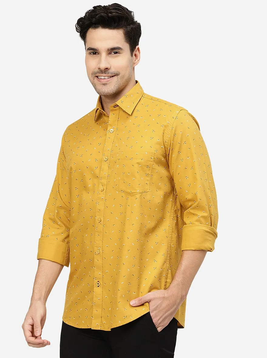 Mustard Yellow Printed Smart Fit Semi Casual Shirt | Greenfibre