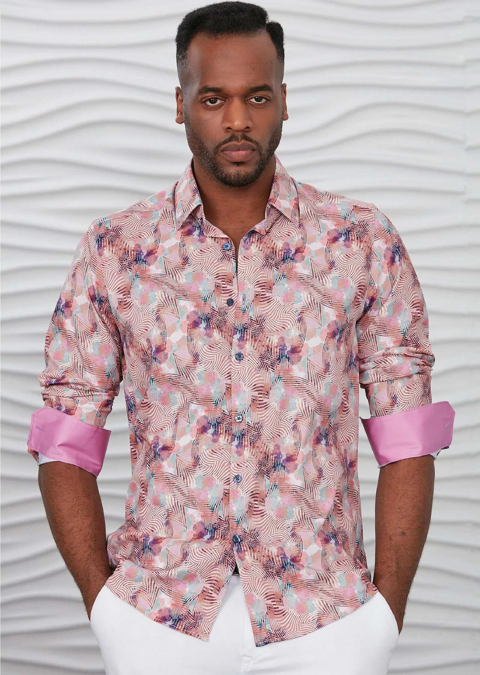 Pink Abstract Silky Long Sleeve Shirt