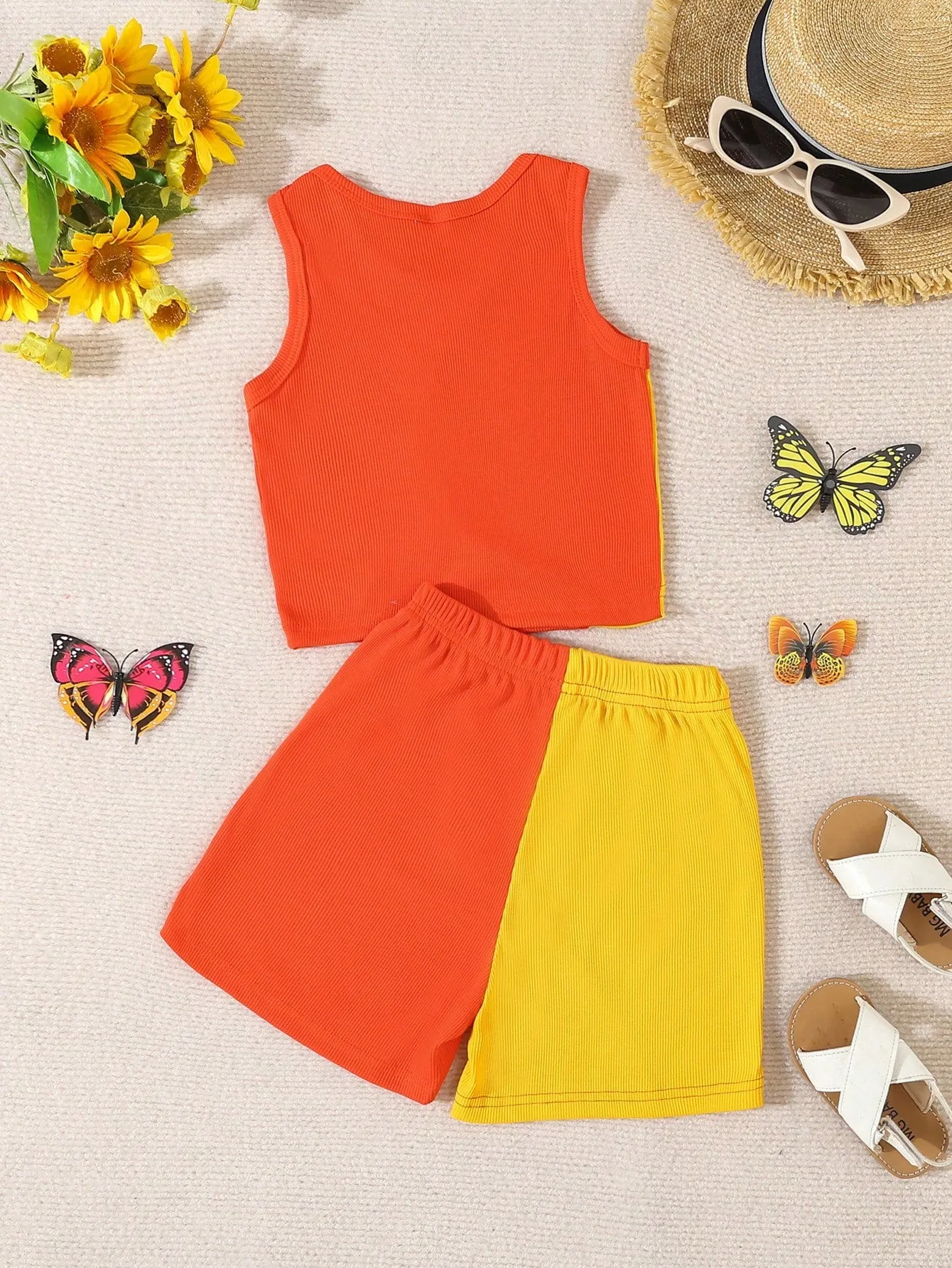 SHEIN Tween Girl 2pcs Fashionable Colorblock Design Vest And Shorts Set