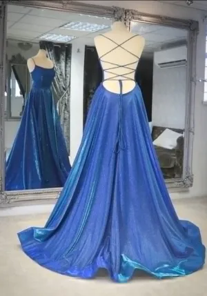 Simple blue satin long prom dress blue backless long evening dress