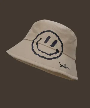 Trendy Khaki Bucket Hat with Smiling Face Embroidery Patchwork Design