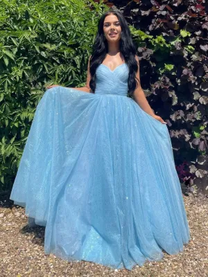 Simple v neck blue tulle sequin long prom dress, blue evening dress