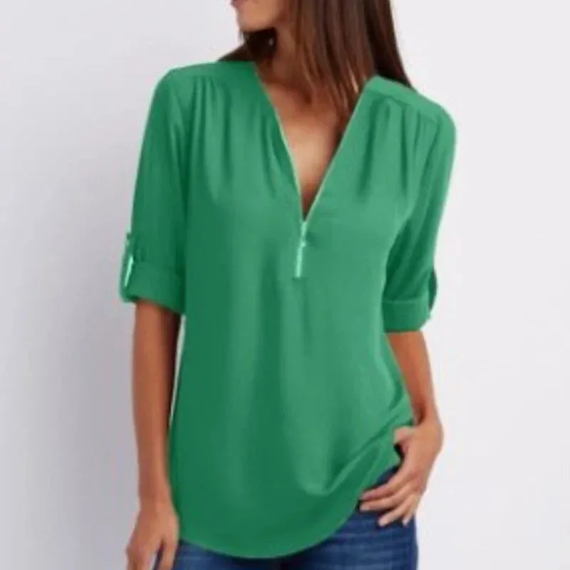 Solid Elegant Summer Spring V-neck Zipper New Fashionable Casual Top