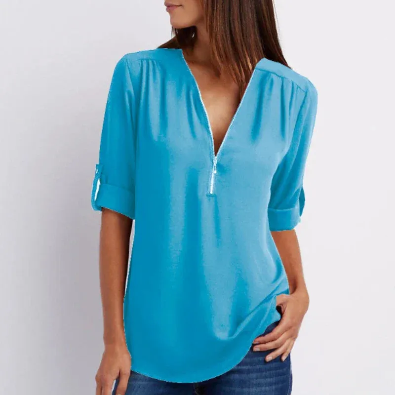 Solid Elegant Summer Spring V-neck Zipper New Fashionable Casual Top