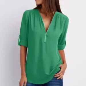 Solid Elegant Summer Spring V-neck Zipper New Fashionable Casual Top